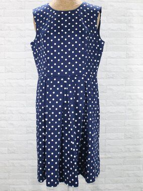 LIZ CLAIBORNE Dress Polka Dot Sleeveless Pleated Classic Navy Blue Plus Size 14